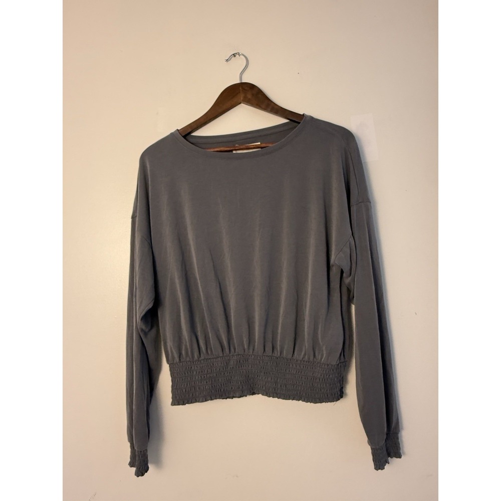 Lucky Brand Women's Small Gray Smocked Waist Long Sleeve Top Relaxed Boho